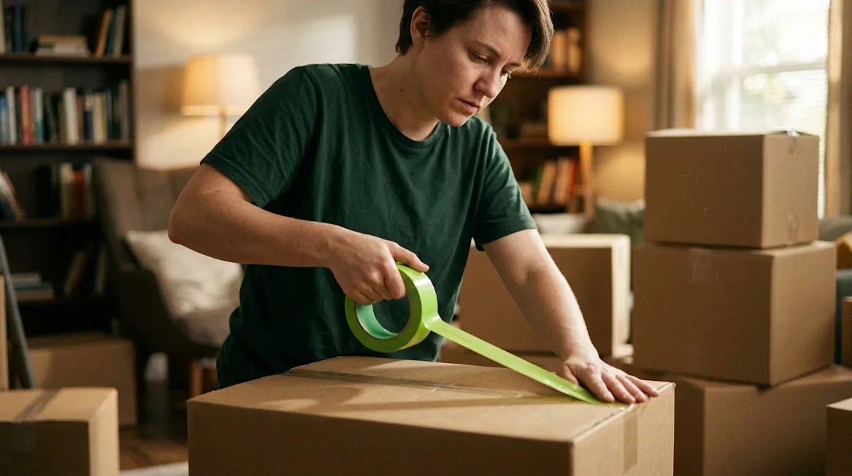 A realistic, candid lifestyle photograph of a person hurriedly but meticulously packing belongings into sturdy kraft brown ca