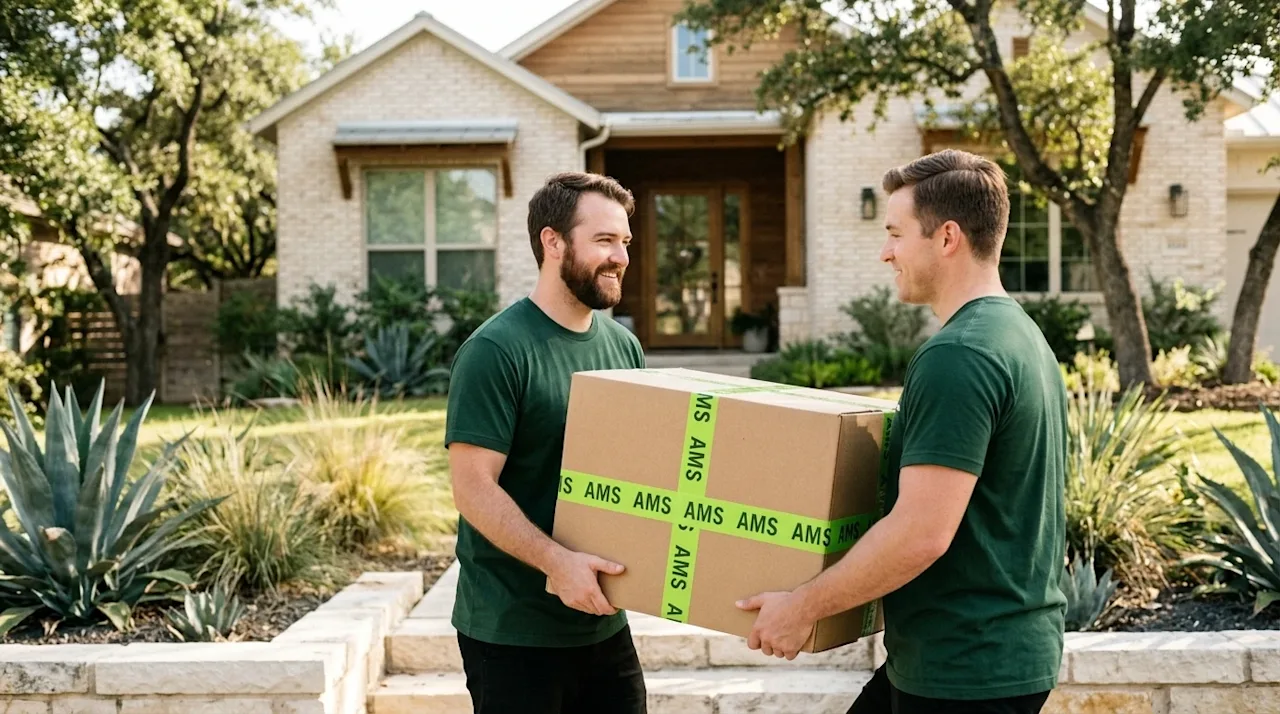 A high-quality lifestyle photograph of two friendly, professional movers carefully carrying clean cardboard moving boxes up t