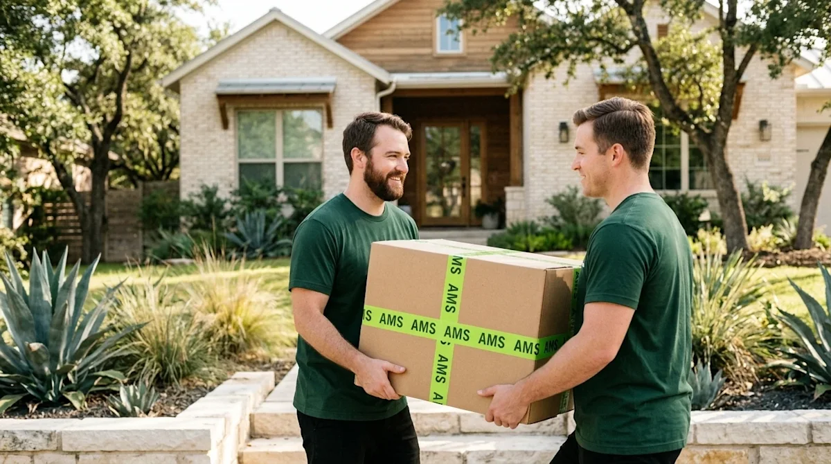 A high-quality lifestyle photograph of two friendly, professional movers carefully carrying clean cardboard moving boxes up t