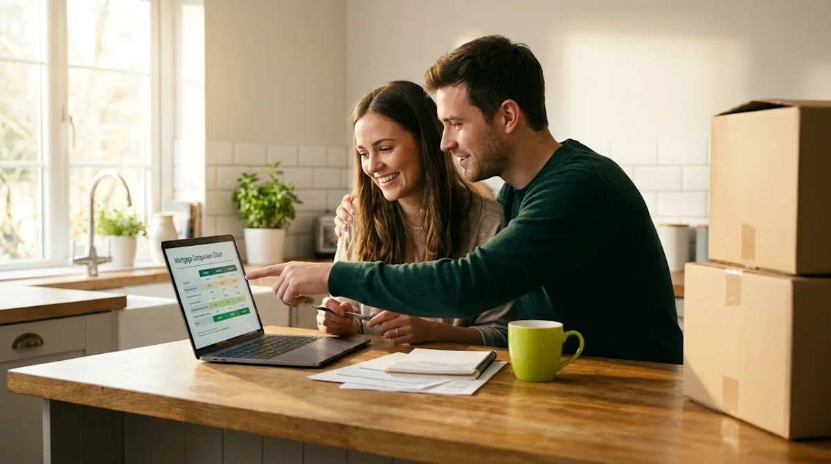 A photorealistic, lifestyle photograph of a young couple sitting together at a bright, modern-rustic kitchen island, happily