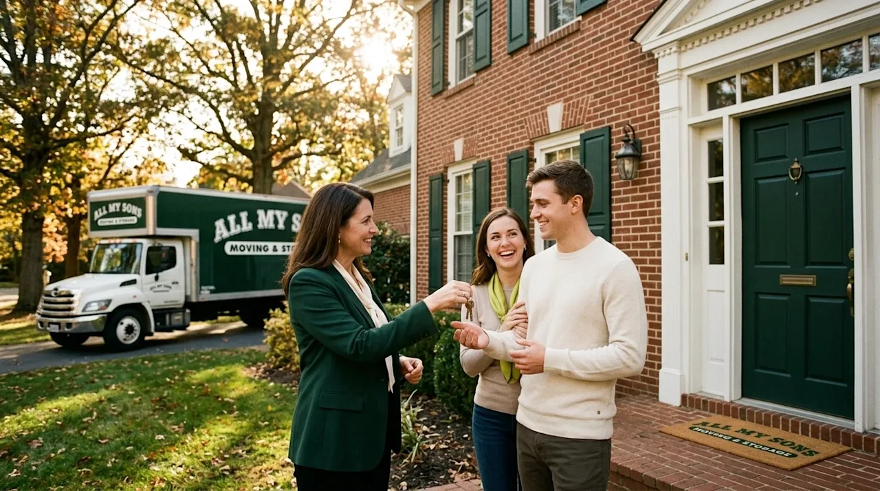 Candid lifestyle photography of a professional real estate agent handing house keys to a smiling couple on the front porch of