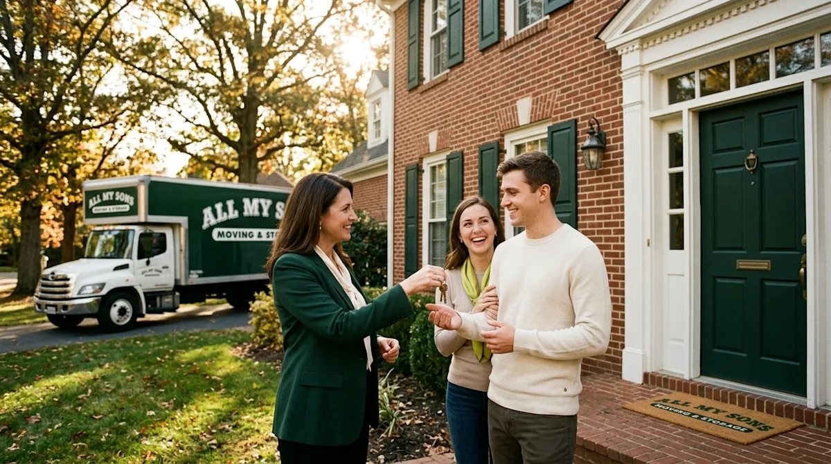 Candid lifestyle photography of a professional real estate agent handing house keys to a smiling couple on the front porch of
