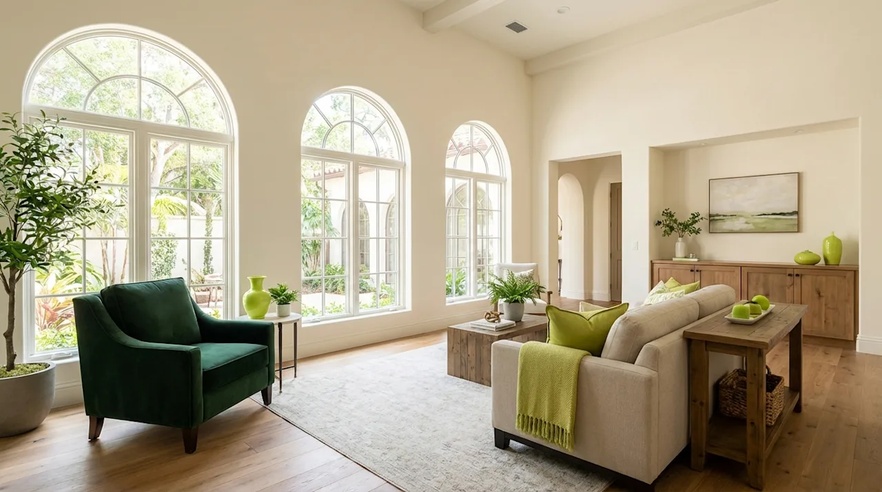 Bright St. Augustine style living room with arched windows, hunter green armchair, and Spanish Colonial architecture.