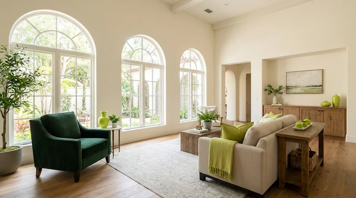 Bright St. Augustine style living room with arched windows, hunter green armchair, and Spanish Colonial architecture.