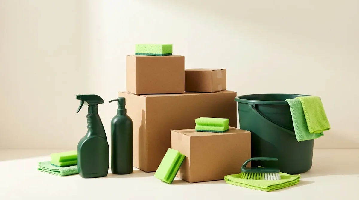 Cardboard moving boxes and forest green cleaning supplies for an organized professional spring move.