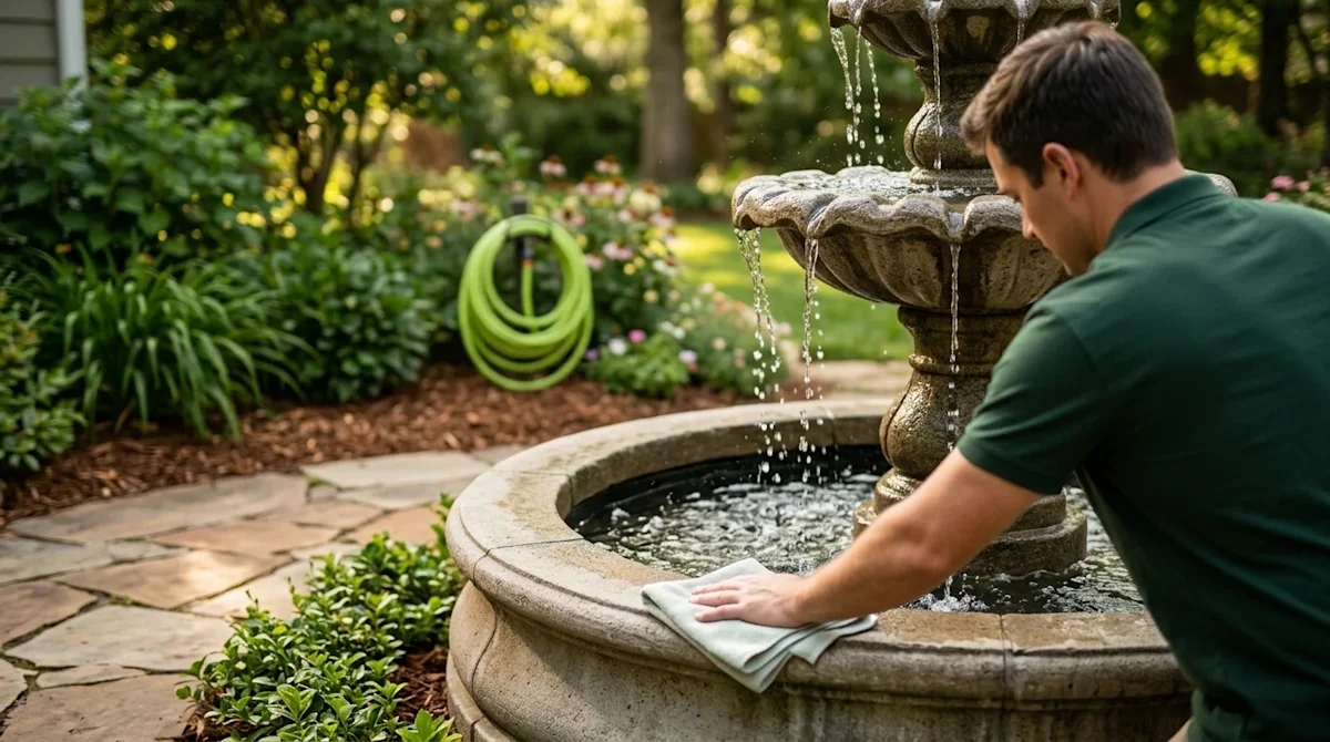 Professional marketing photography of a beautifully maintained, elegant stone outdoor water fountain cascading clear water in