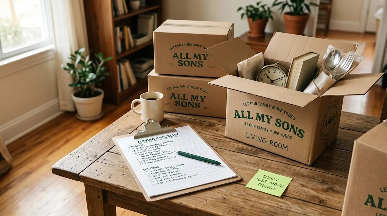 High-quality lifestyle photography of a stress-free moving preparation scene. A beautifully organized packing station on a wo