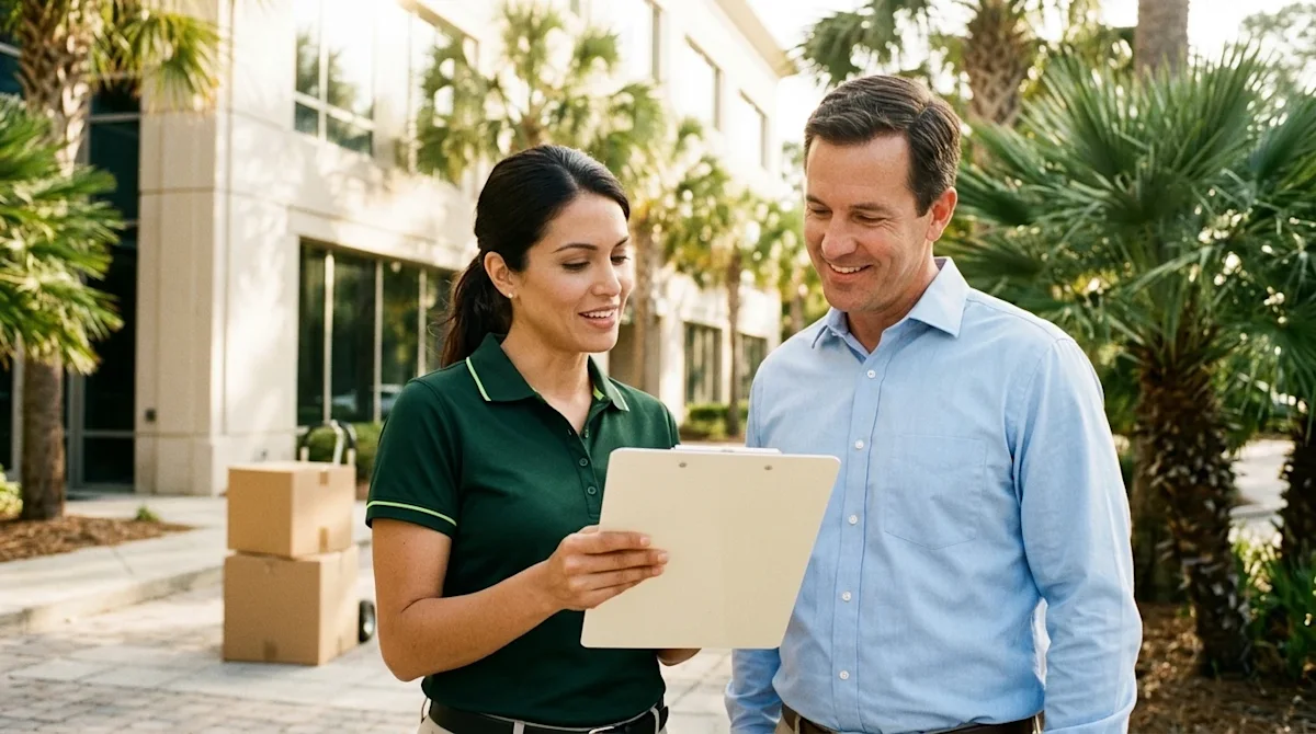 Professional marketing photography of a corporate relocation planning session in Hilton Head. A corporate office manager and