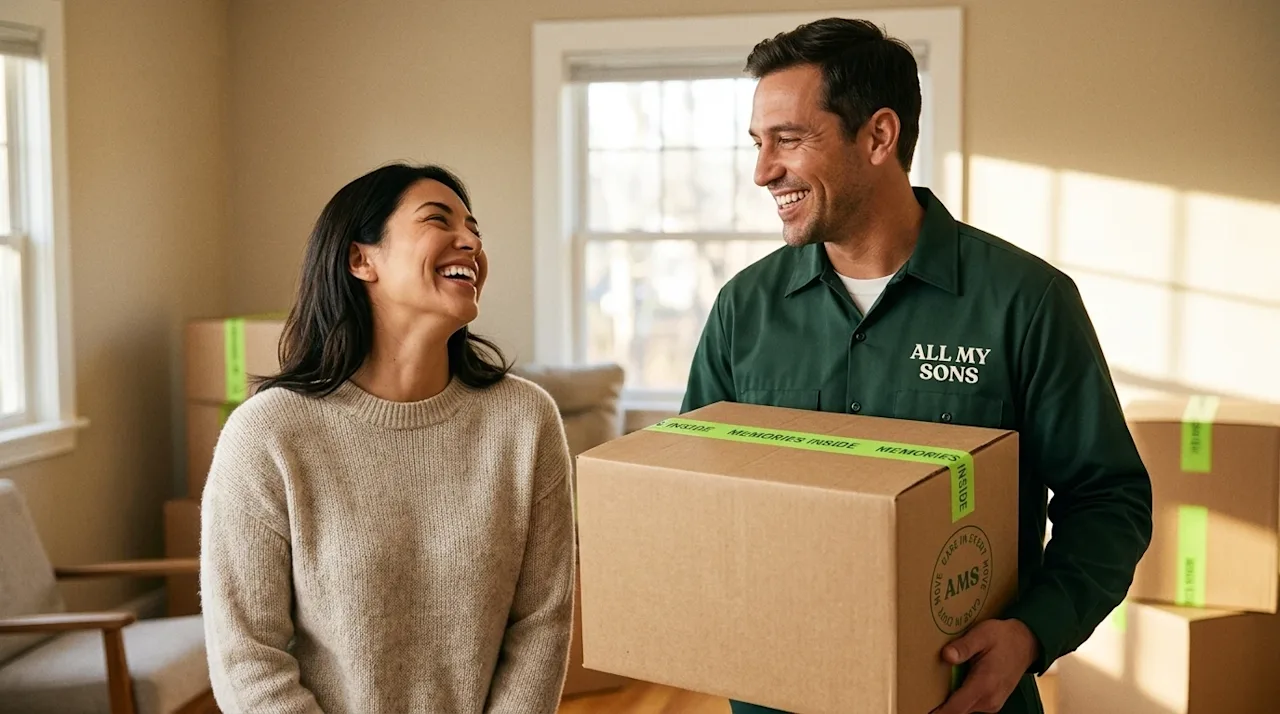 Candid lifestyle photography of a highly satisfied customer and a professional mover sharing a warm, genuine smile inside a s