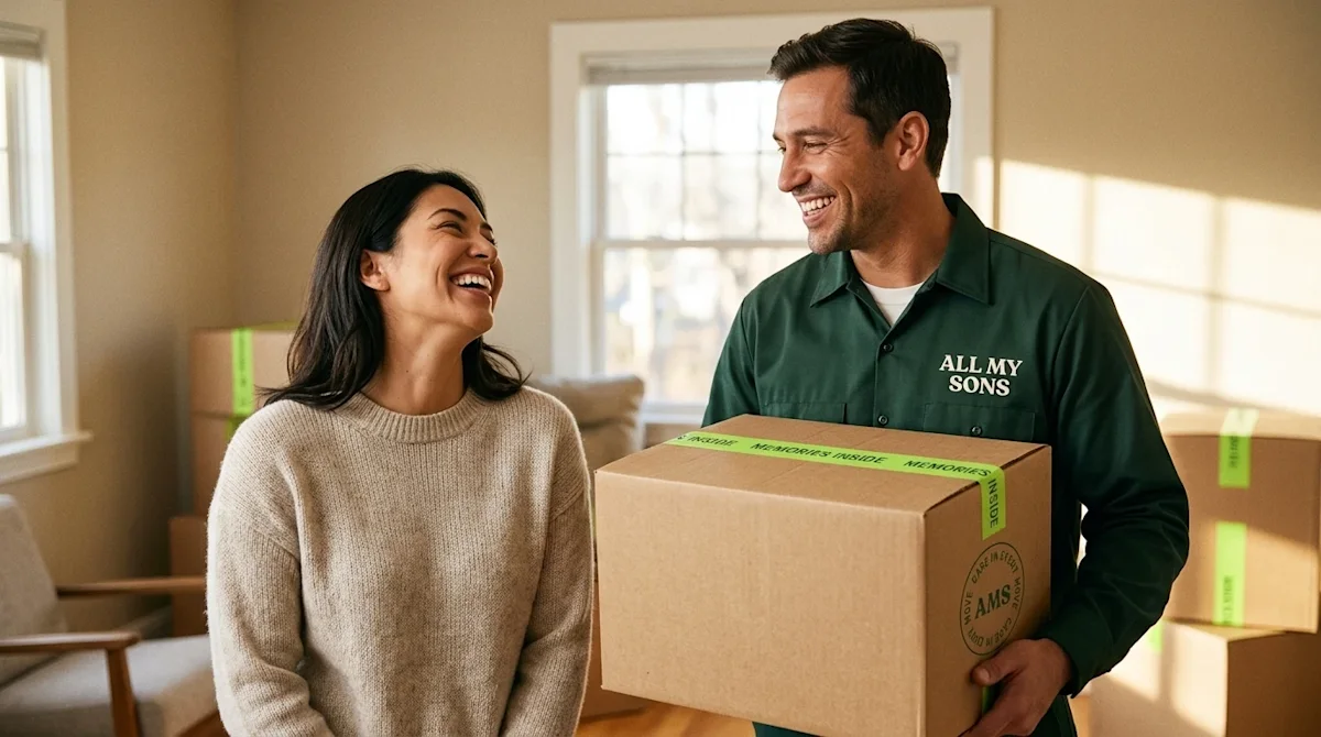 Candid lifestyle photography of a highly satisfied customer and a professional mover sharing a warm, genuine smile inside a s