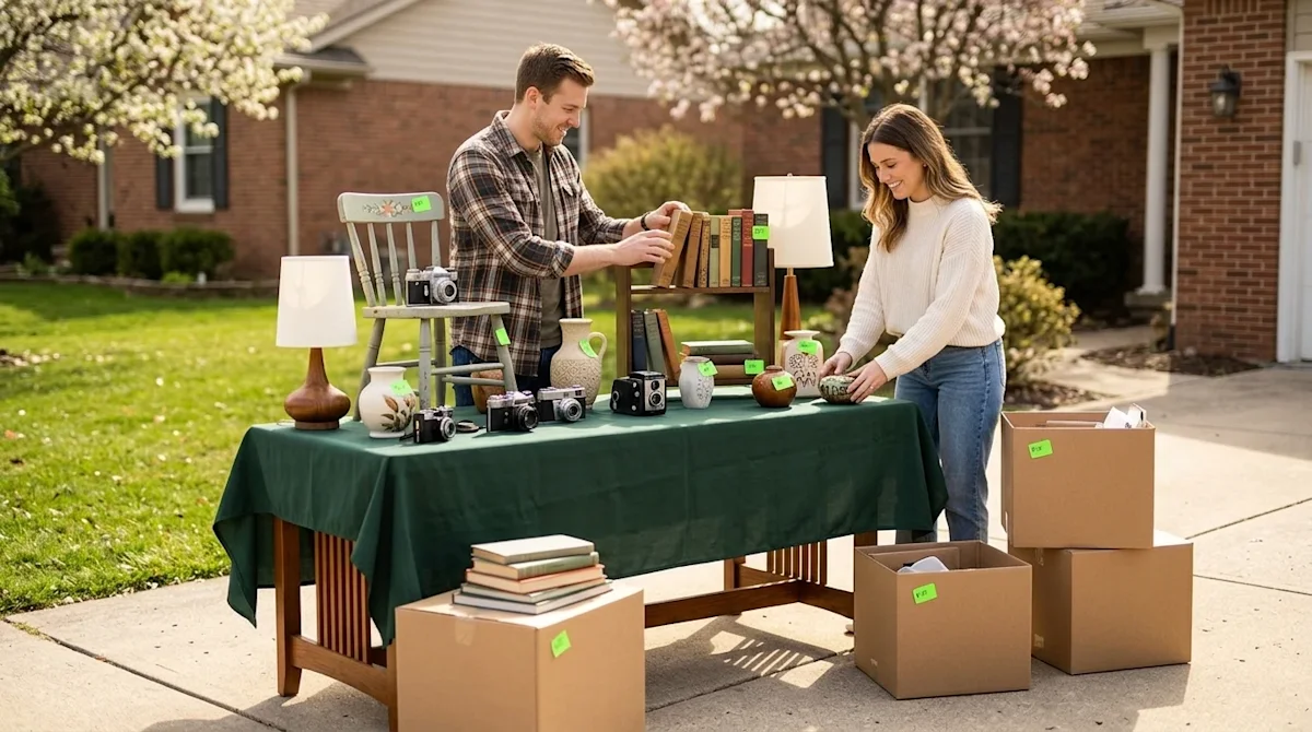 Professional marketing lifestyle photography of a perfectly organized yard sale in a warm, sunny suburban driveway. A cheerfu