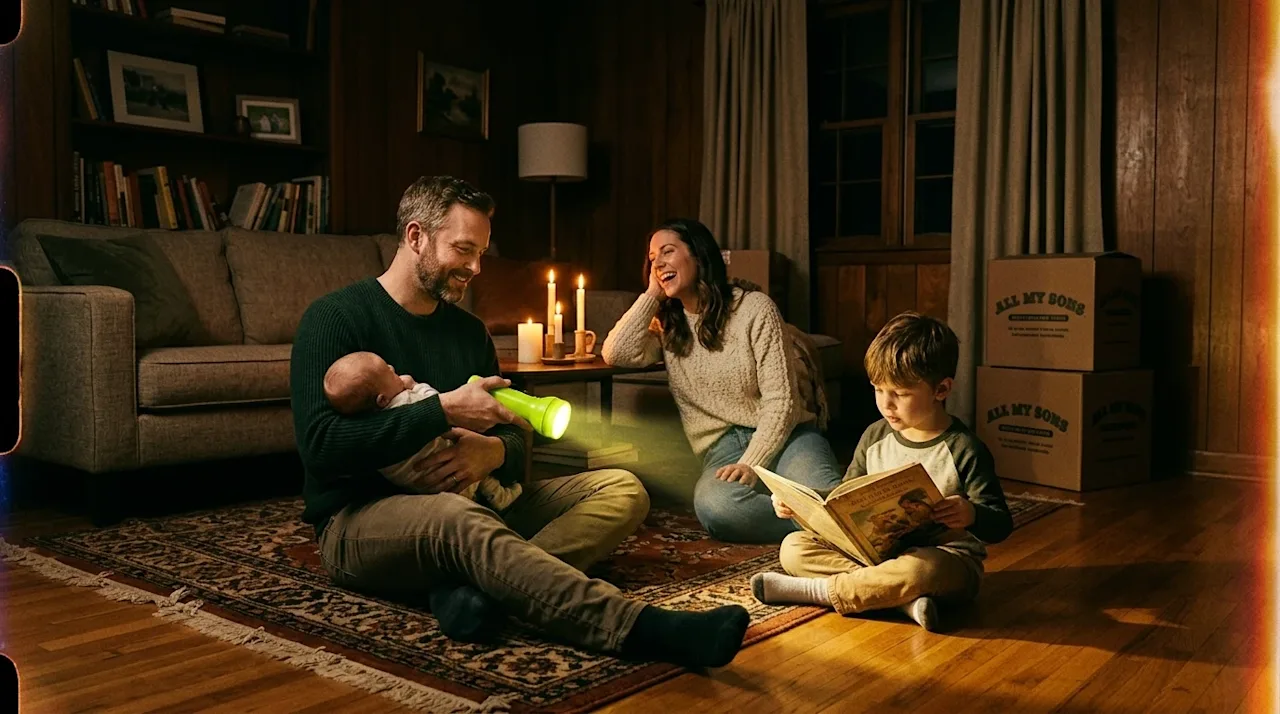 A realistic 35mm film photography shot of a family dealing with a power outage in their living room. The room is dimly lit, i