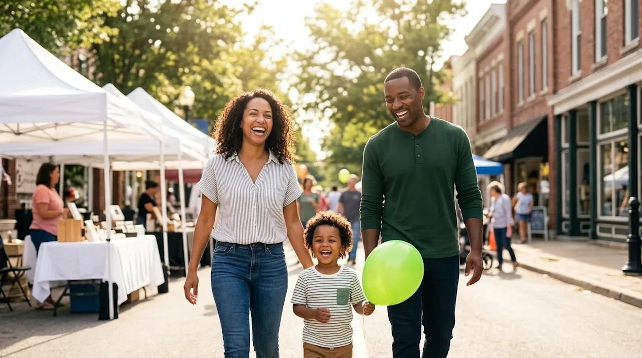 Professional marketing photography of a happy, diverse family of three (mother, father, and young child) enjoying a lively, s