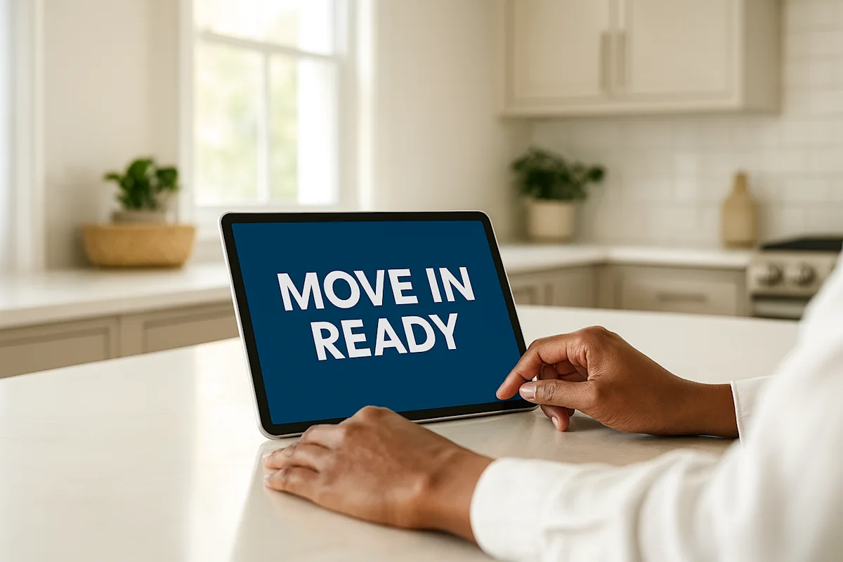 Hands on a tablet display "MOVE IN READY" in a bright kitchen. Plan your stress-free home move with our professional digital moving preparation.
