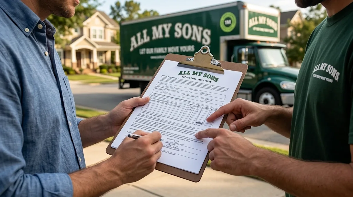 High-quality professional photography of a customer and a mover reviewing an official shipping document attached to a clipboa