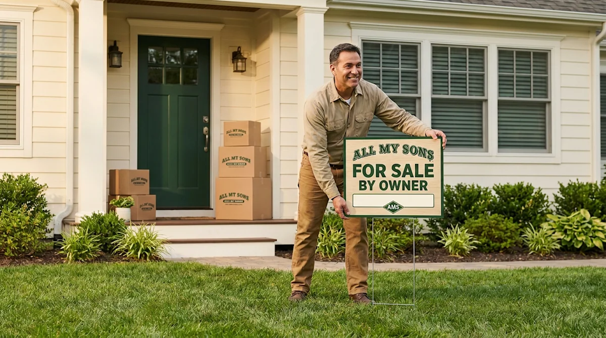 Homeowner placing a For Sale By Owner sign in front of a house with All My Sons moving boxes on the porch.