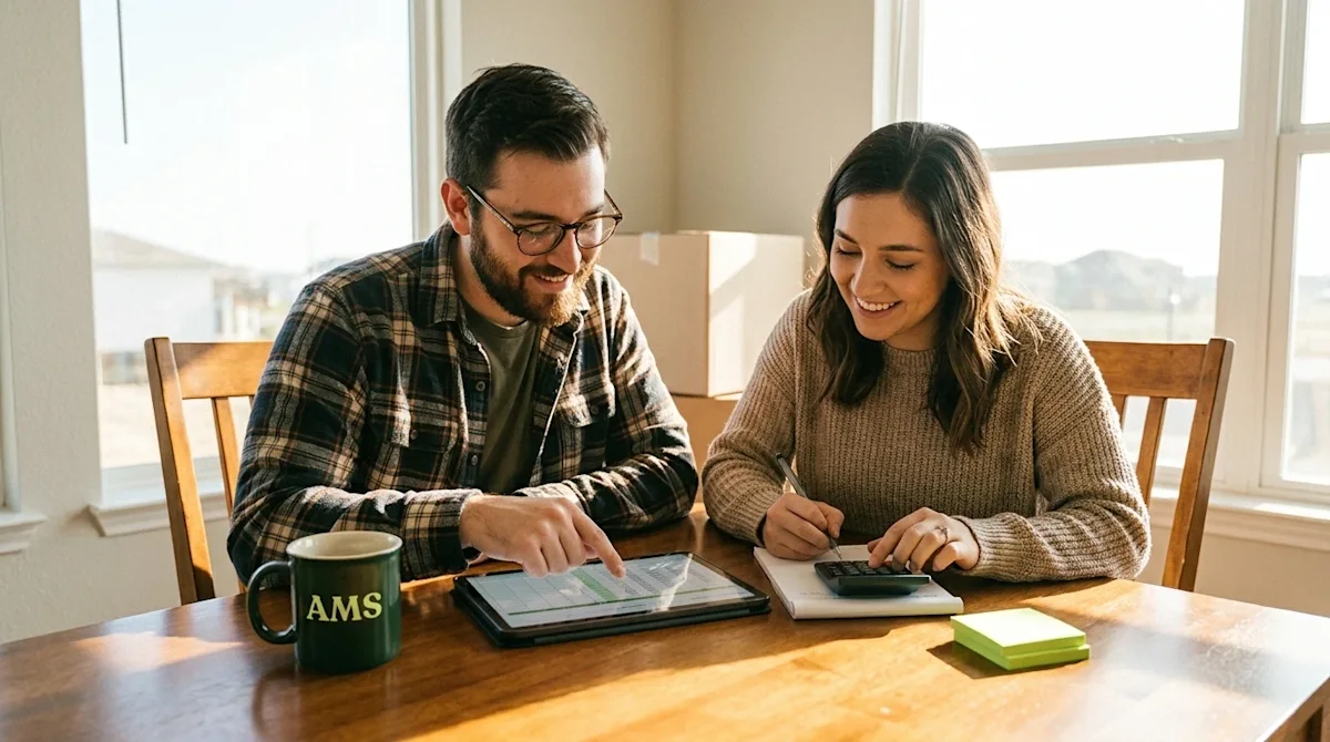 Candid lifestyle photography of a relaxed couple sitting at a warm wooden dining table in a sunlit home, planning their movin
