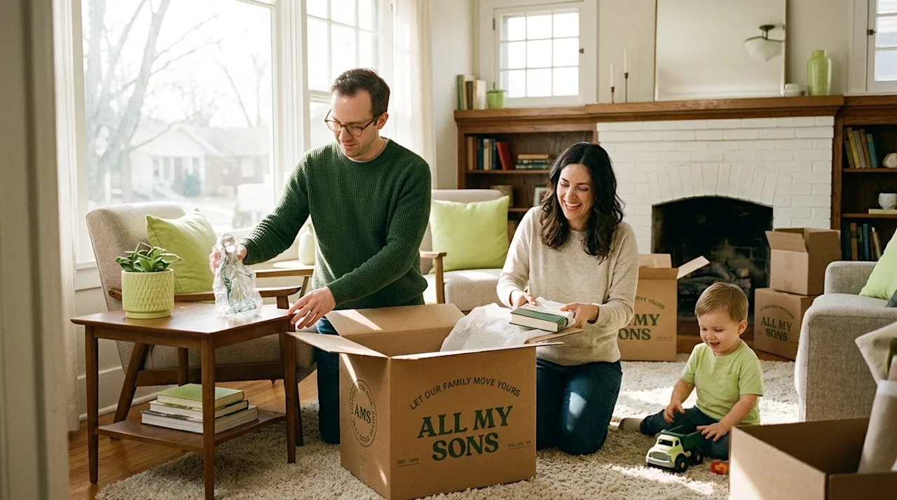 Candid lifestyle photography of a happy family unpacking kraft brown moving boxes in the bright, sunny living room of a class