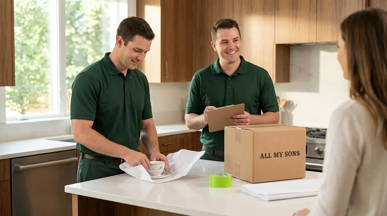 Clear, professional marketing photography of two friendly, professional packers wearing dark forest green polo shirts standin