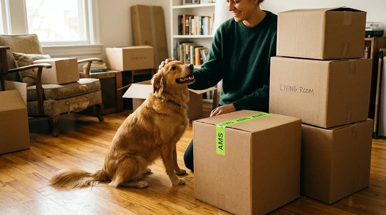 Candid lifestyle photography of a happy dog sitting casually next to a neatly stacked pile of plain kraft brown cardboard mov