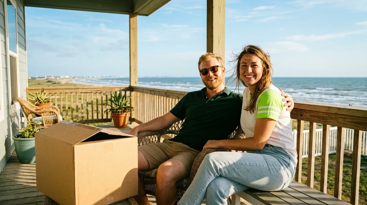 Realistic lifestyle film photography, 35mm aesthetic. A happy couple relaxing on the sunny porch of their new coastal home ov