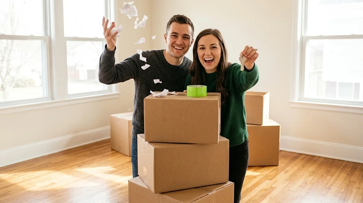 Photorealistic lifestyle photography of a joyful young couple creating a playful moving announcement in an empty, sunlit room