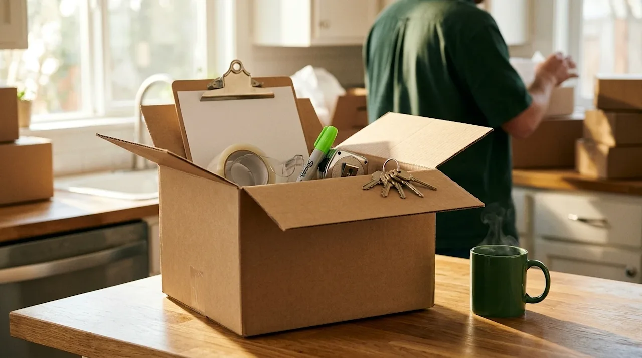 High-quality lifestyle photography of an open brown cardboard moving box filled with moving day necessities, sitting on a war