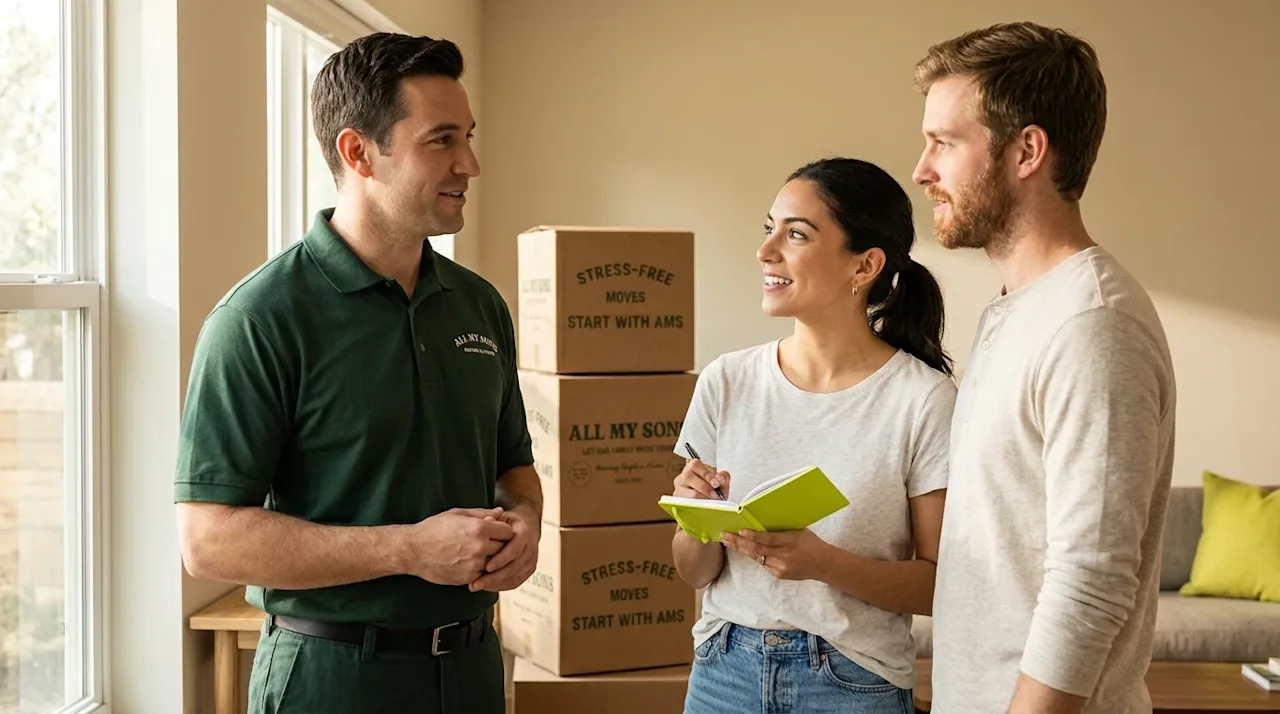 Authentic lifestyle photography of a friendly, professional mover in a dark forest green uniform polo shirt talking with a re