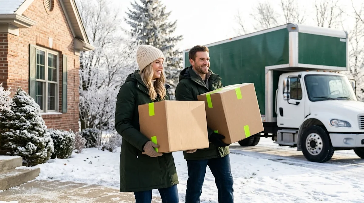 Professional lifestyle photography of a stress-free winter move. A smiling couple dressed in warm winter clothing—a cream-col