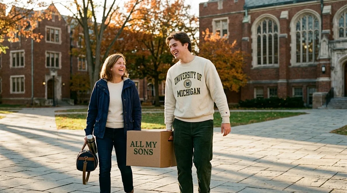 Candid lifestyle photography of a happy young college student and a parent walking together on a classic midwestern universit