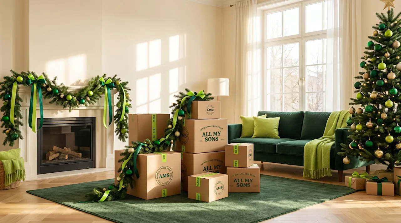 All My Sons moving boxes stacked in a festive living room with a Christmas tree and holiday decorations.