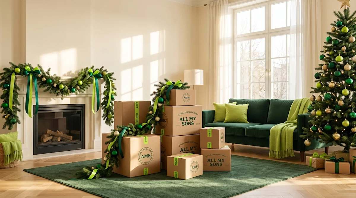 All My Sons moving boxes stacked in a festive living room with a Christmas tree and holiday decorations.