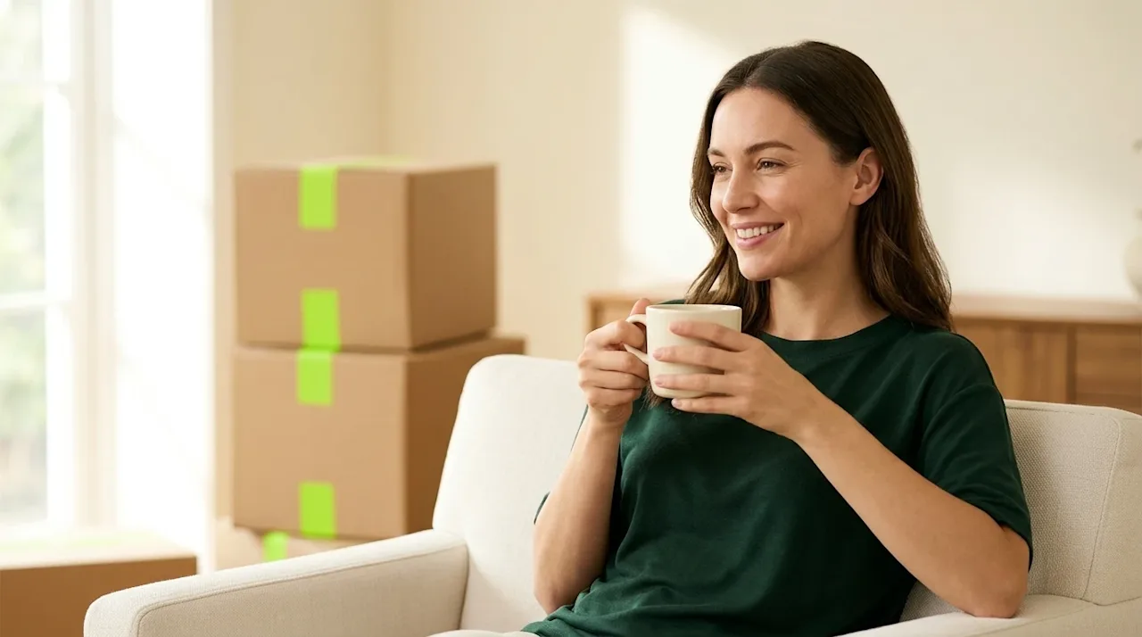 Professional marketing photography, a smiling and completely relaxed woman taking a peaceful break in a bright, sunlit living