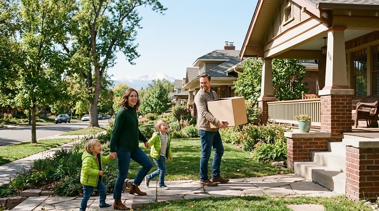 Candid lifestyle photography of a happy family moving into a picturesque Denver neighborhood. A father, mother, and two young