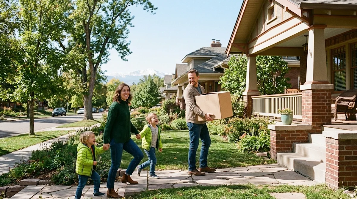 Candid lifestyle photography of a happy family moving into a picturesque Denver neighborhood. A father, mother, and two young