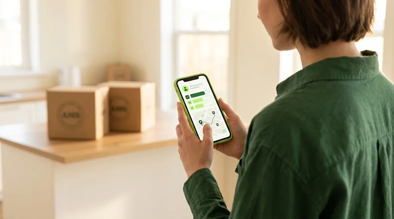 Professional marketing photography, over-the-shoulder shot of a person holding a smartphone, viewing a clean, abstract moving