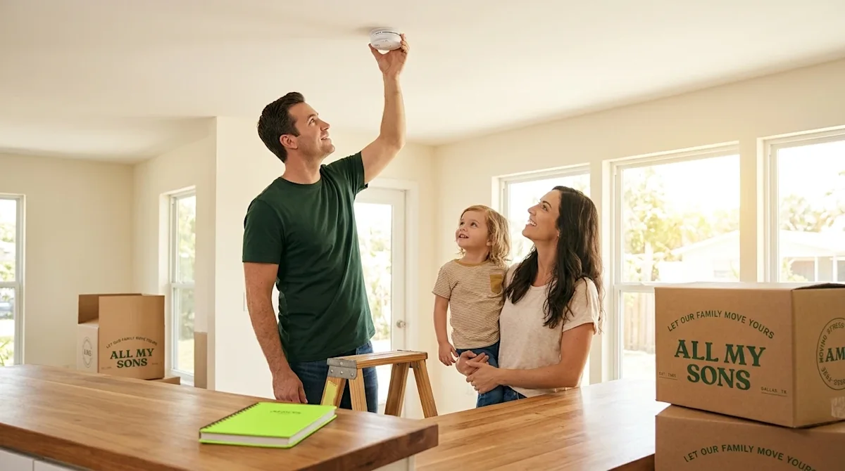 Clear, professional marketing photography of a modern family in a bright, sunny Florida home interior. A father wearing a dar