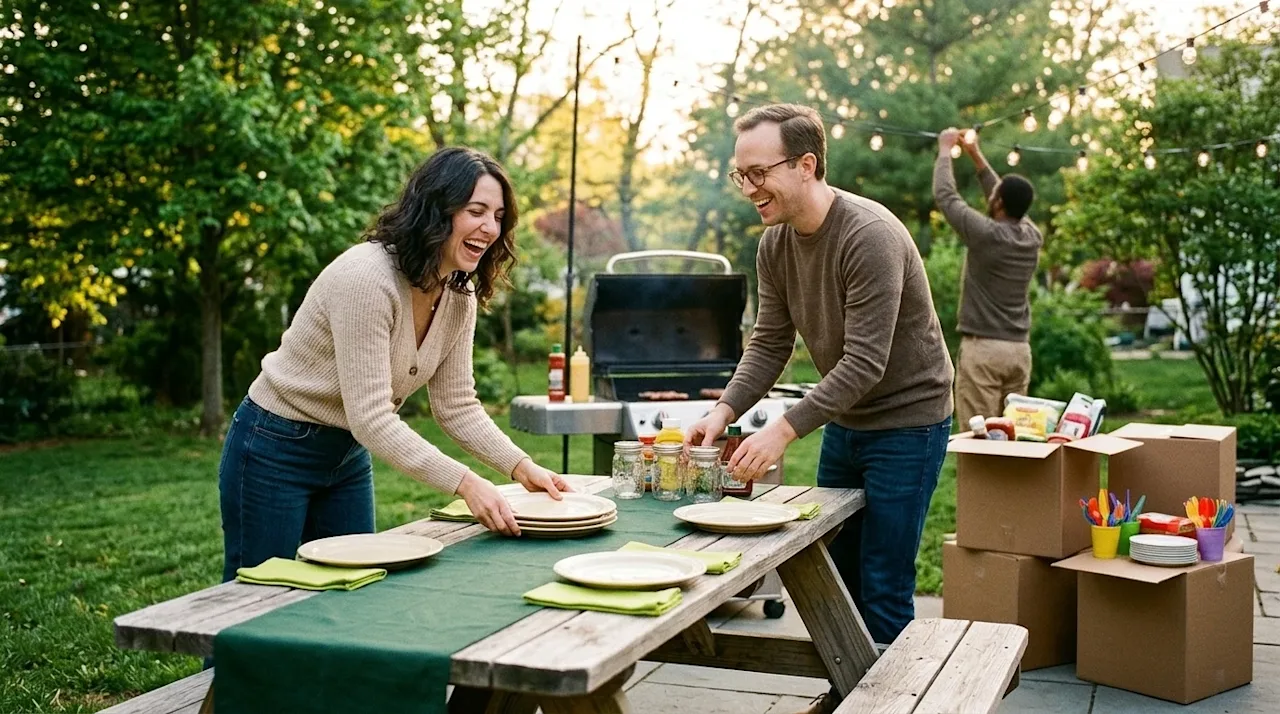 A candid, lifestyle photography shot of a cheerful couple decorating their new backyard for a neighborhood barbecue, celebrat