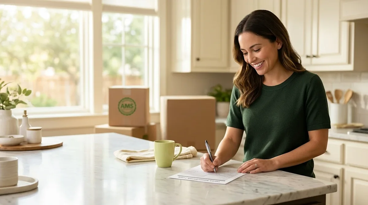 Clear, professional marketing lifestyle photography of a smiling person standing at a bright, sunlit kitchen island in their