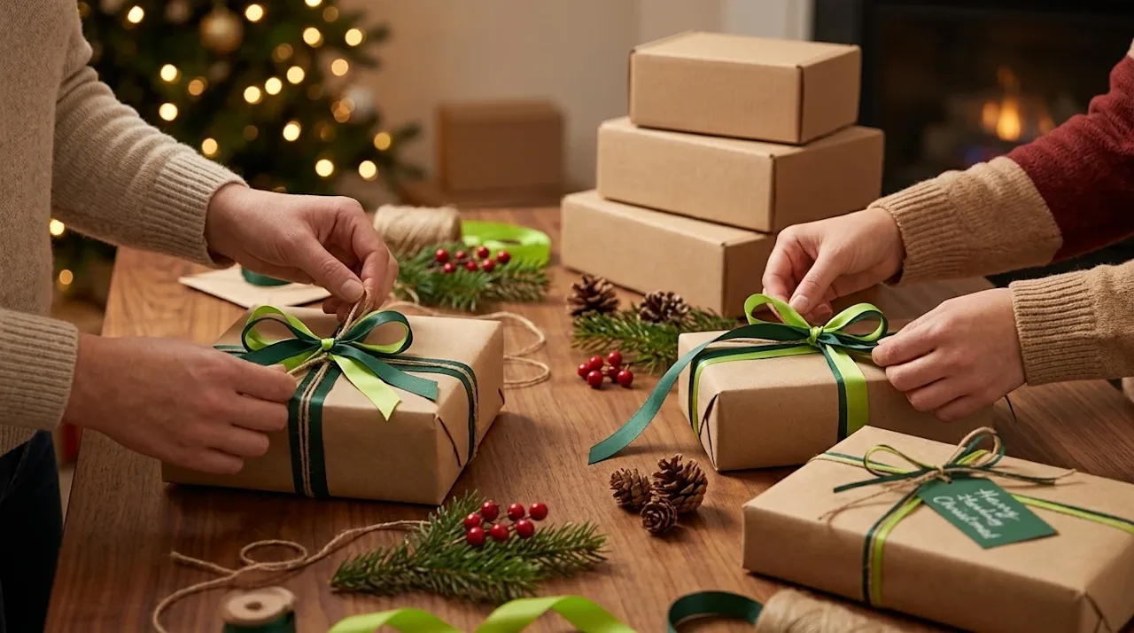 Clear, professional marketing photography of a warm, cozy holiday scene indoors. A close-up shot of hands on a wooden table c