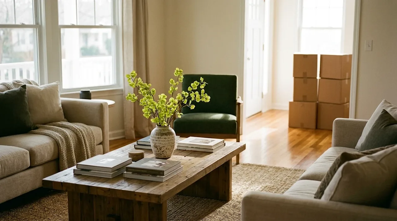 High-quality lifestyle photography of a warm, inviting home interior perfectly staged for an open house. The sunlit living ro