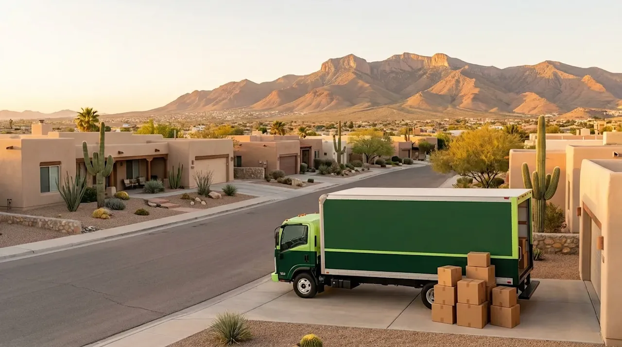 Green moving truck and boxes in a scenic El Paso neighborhood with Southwest adobe homes and Franklin Mountains.