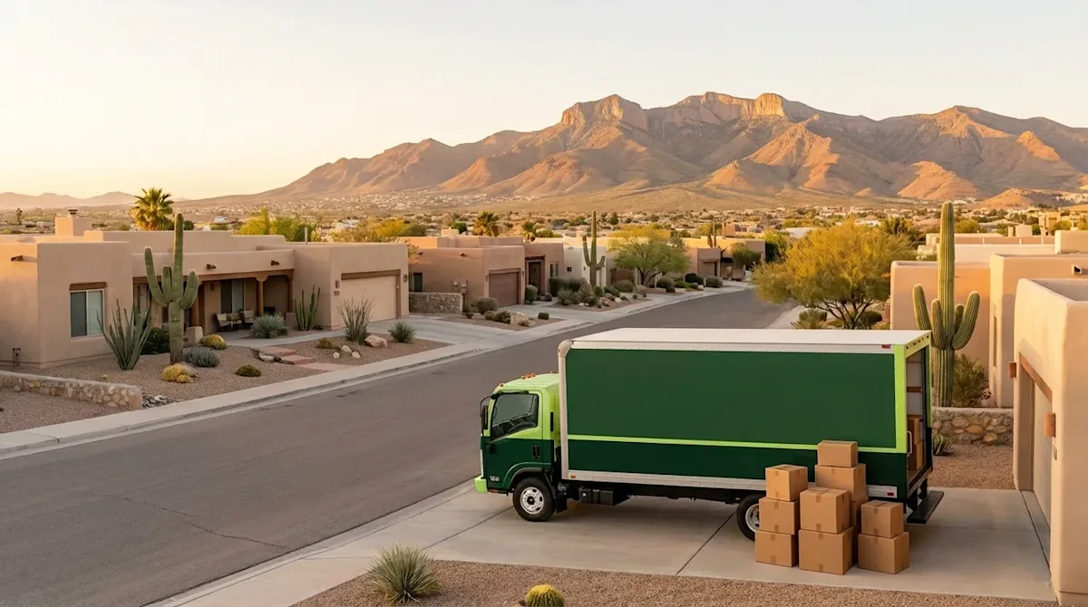 Green moving truck and boxes in a scenic El Paso neighborhood with Southwest adobe homes and Franklin Mountains.