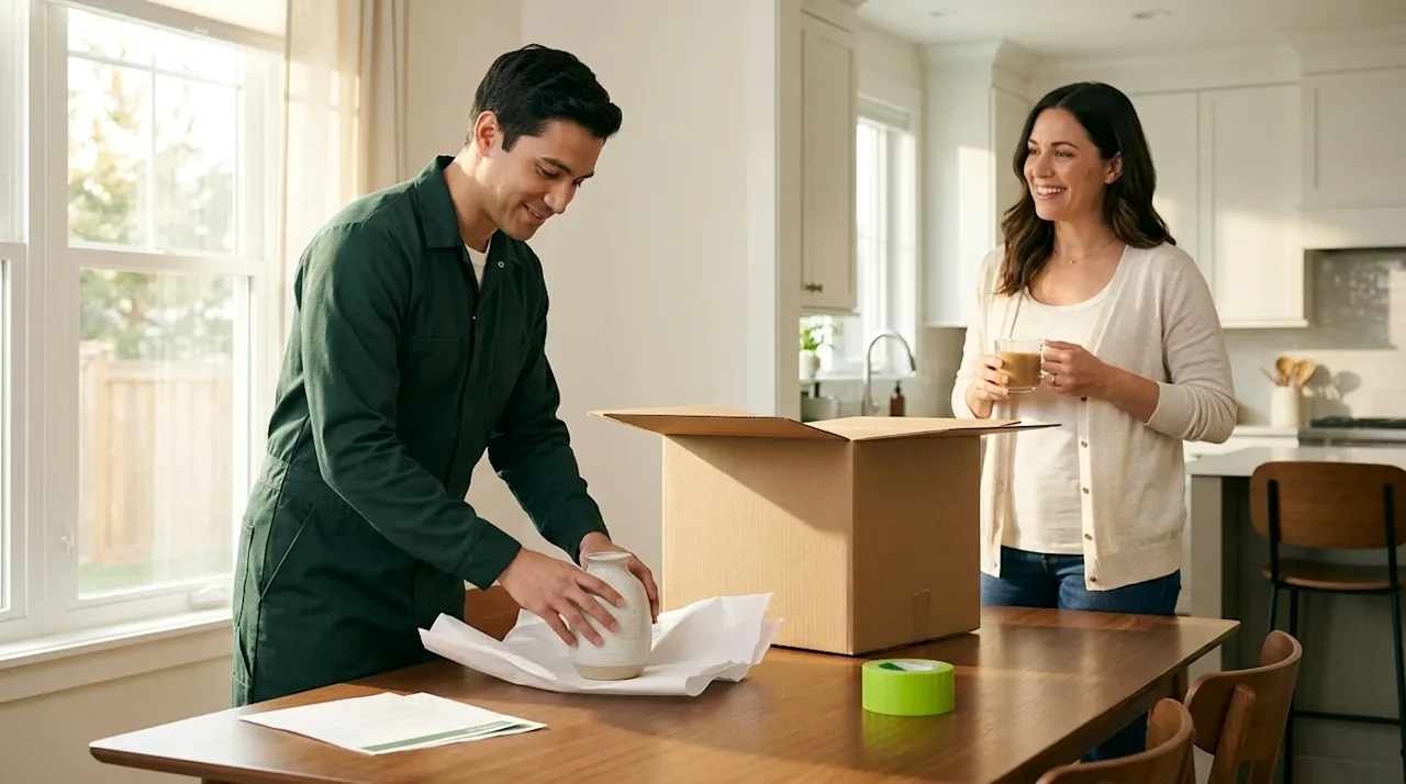 Professional marketing lifestyle photography of a friendly, professional packer in a crisp dark forest green uniform carefull