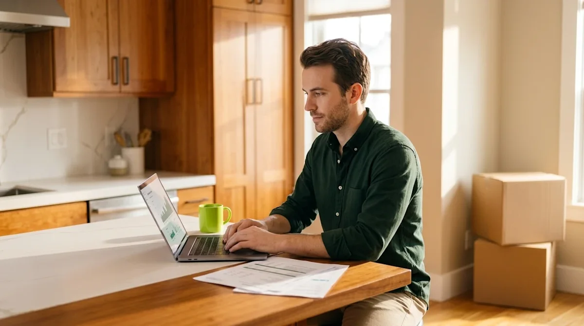 Professional marketing photography of a confident young professional sitting at a bright, sunlit kitchen island, looking thou