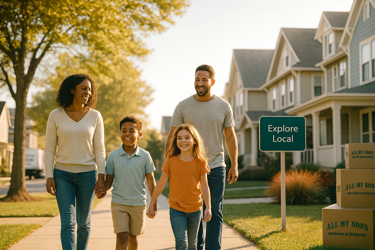 Smiling family of four walks in new neighborhood with All My Sons boxes & an 'Explore Local' sign. Your trusted partner for seamless local moves.