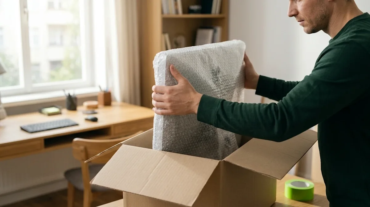Professional marketing photography of a careful person wearing a dark forest green shirt gently packing a desktop computer mo