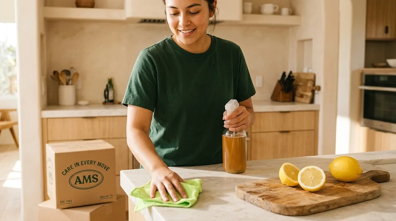 A candid, natural-light lifestyle photograph of a person doing eco-friendly cleaning in a bright, sunlit kitchen with a warm,