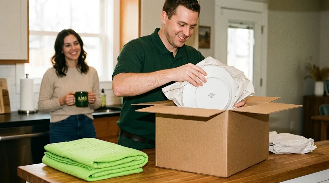 A candid, lifestyle photograph showing the stress-free experience of hiring professional packers. A friendly professional mov