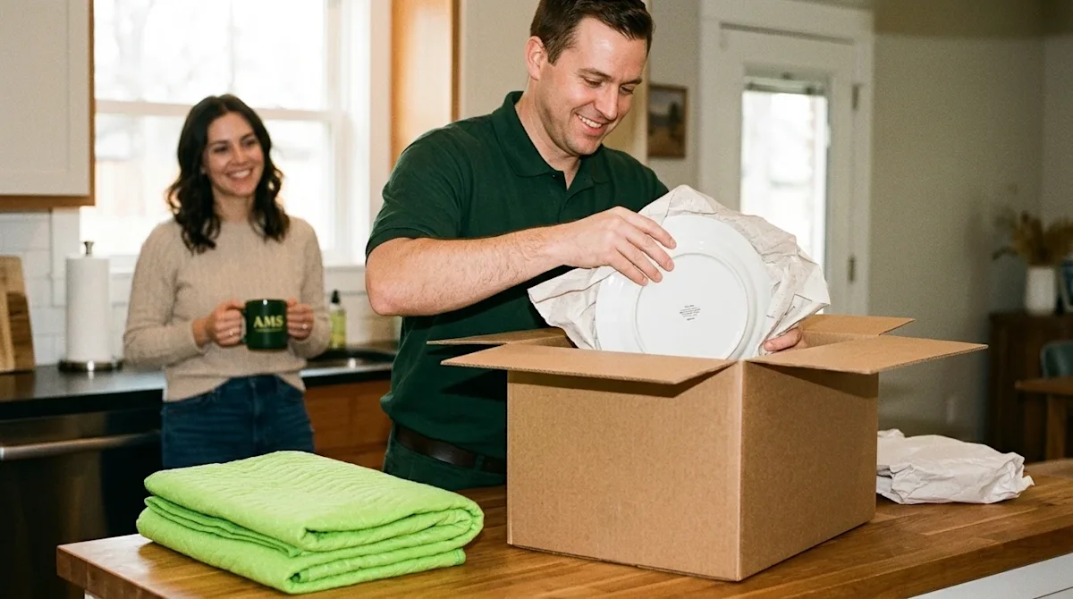 A candid, lifestyle photograph showing the stress-free experience of hiring professional packers. A friendly professional mov